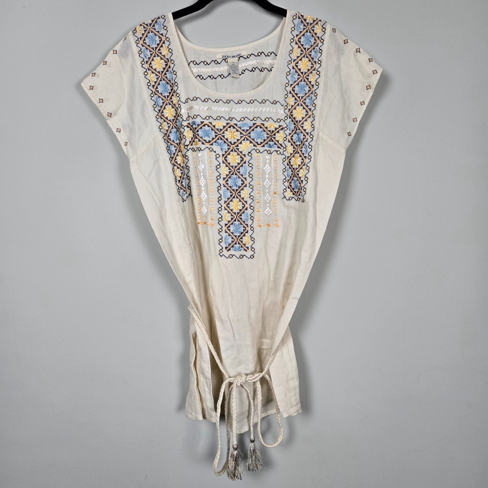 VTG Lucky Brand Women Embroidered Tunic Top S Cream Belted Peasant Boho Festival